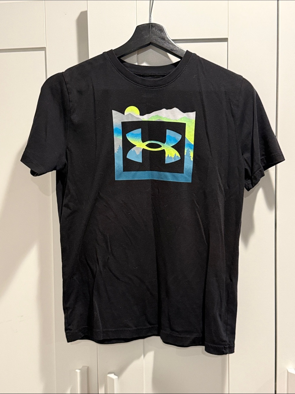 Under Armour Black Short-Sleeve Tee with Blue and Green Logo Graphic
